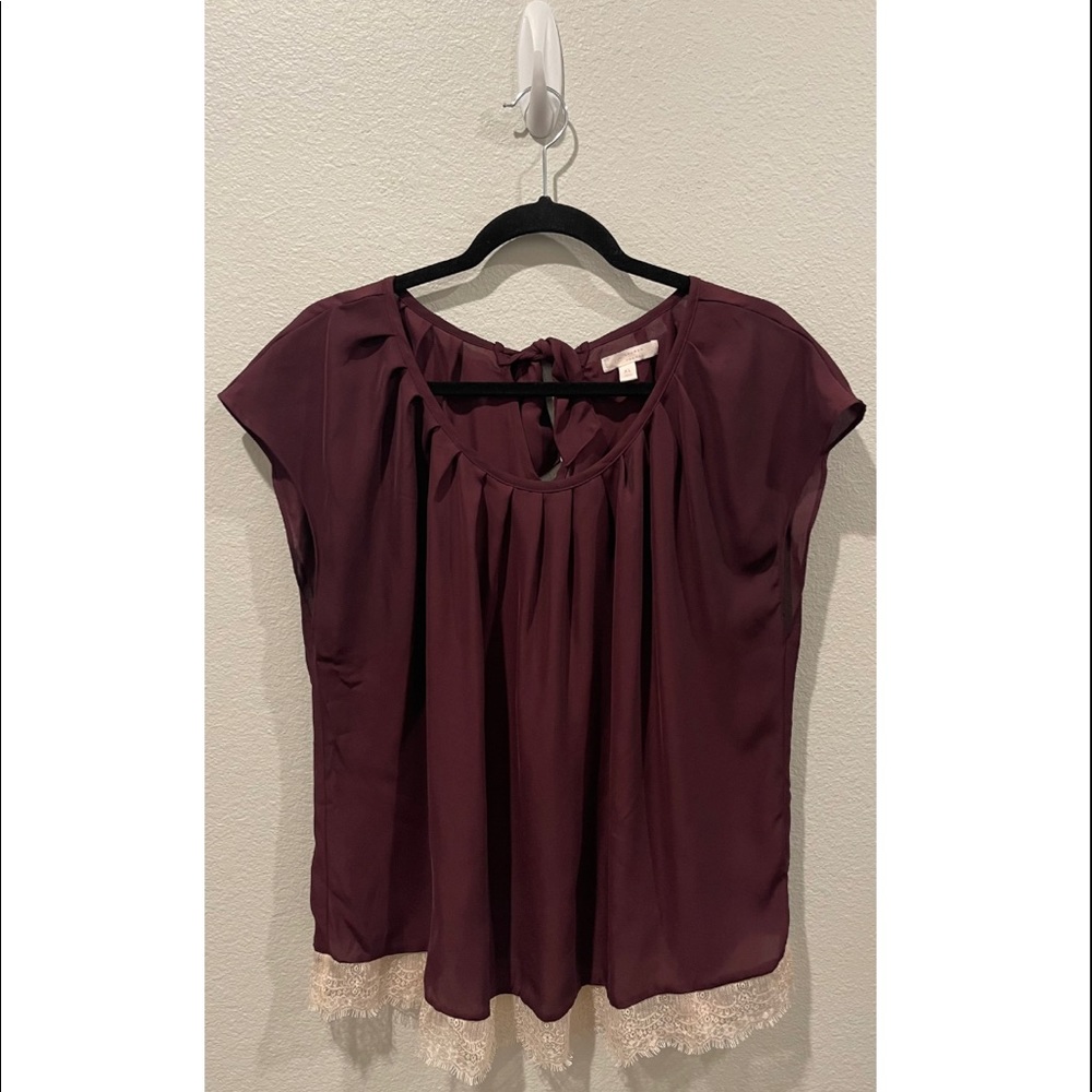 LC Lauren Conrad Wine Burgundy Blouse with Lace Trim